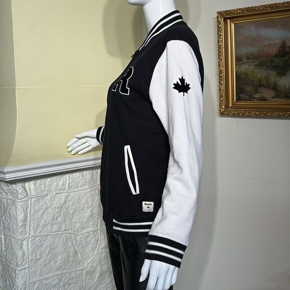 Roots Varsity Jacket Black & White Cotton Jersey Made in Canada - Picture 7 of 14